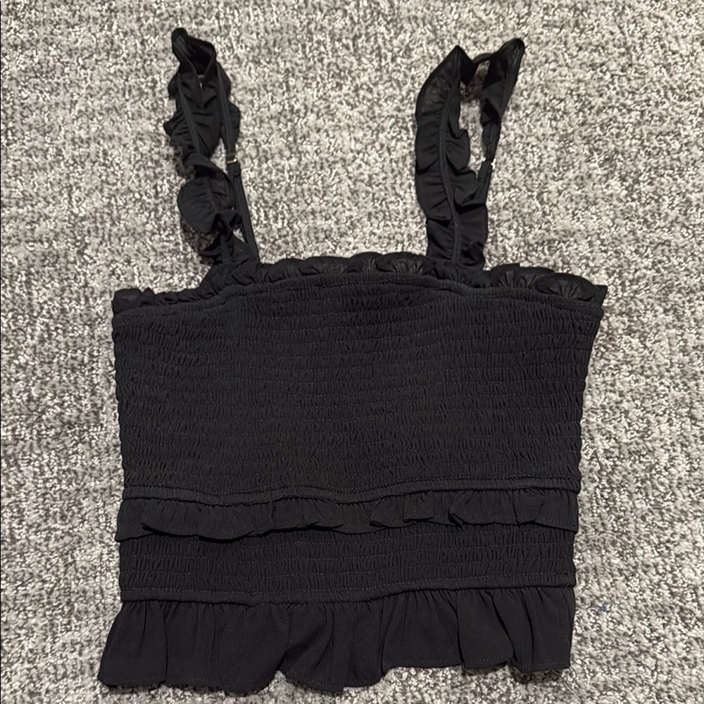 Black Smocked Ruffled Crop Top